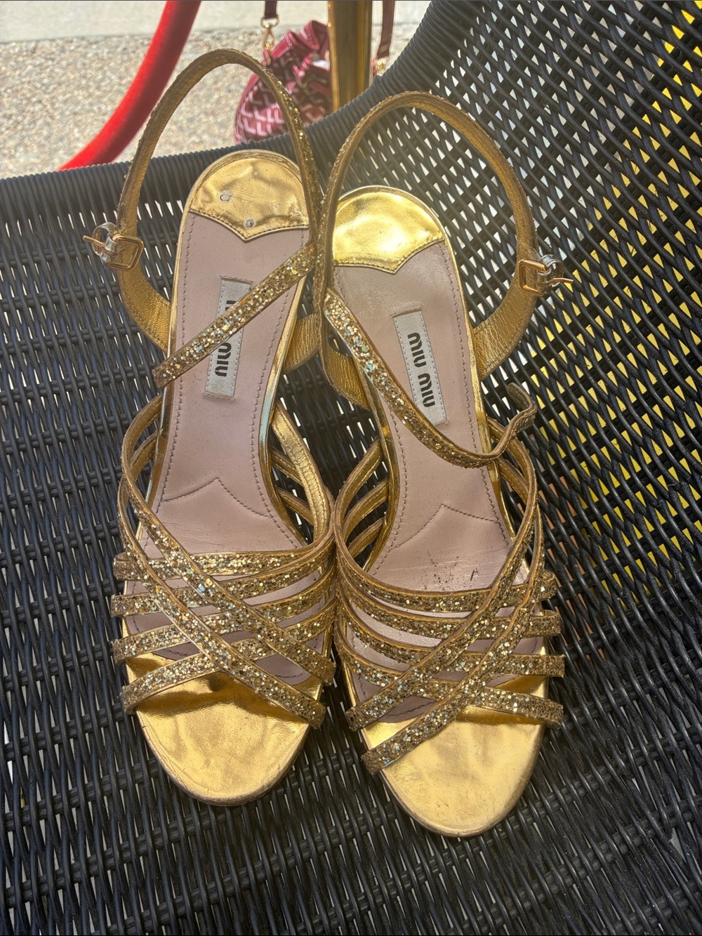 Miu Miu Metallic Gold Glitter Strappy sandals / 40